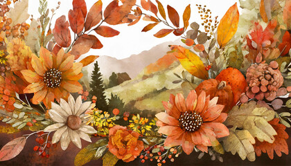 Autumn floral frame PNG. Fall wreath. Rusty flowers border. Terracotta wedding. Thanksgiving card. Hand painted illustration transparent background