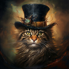 Ilustración de gato con sombrero, elegante, antiguo sobre fondo liso, pictórico 