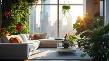A elegante sala de estar minimalista é banhada pela luz natural com janelas do chão ao teto que oferecem uma vista deslumbrante da paisagem urbana lá fora