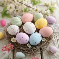 Fototapeta na wymiar Speckled Easter Eggs Adorning a Rustic Nest. Generative AI.