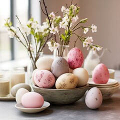 Obraz na płótnie Canvas Pastel Easter Eggs in a Ceramic Bowl with Blossoms. Generative AI.
