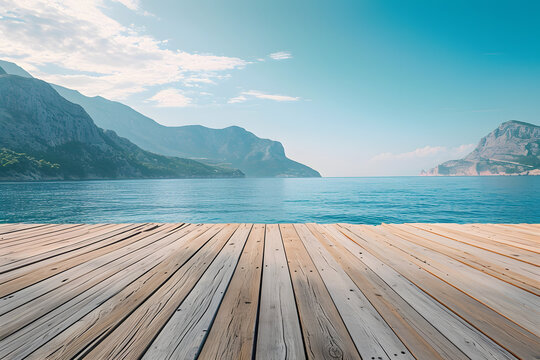 Deck Wooden Surface With Sea View And Mountains Overlooking Sea