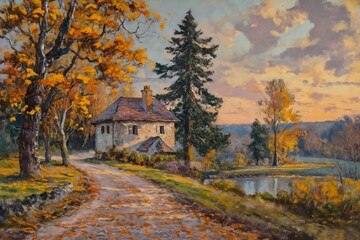 country road house trees background fall golden hour year sola pieces land unique environment highly old near pond