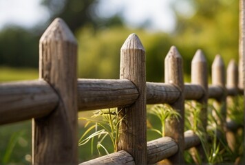  Wooden garden fence with grass from Generative AI