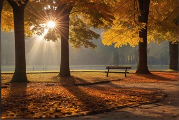 Autumn scenery in a park and the sun casts beautiful rays through the foliage from Generative AI