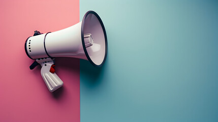 Megaphone or hand speaker isolated on blue and pink background with copy space