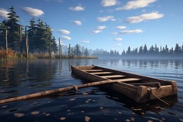 A wooden raft floating on a calm serene lake - obrazy, fototapety, plakaty