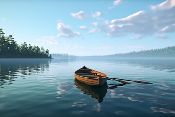 A wooden raft floating on a calm serene lake - obrazy, fototapety, plakaty