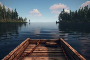 A wooden raft floating on a calm serene lake