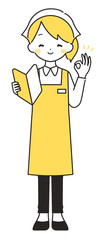 黄色｜初心者マークを持つ三角巾の女性店員｜エプロン