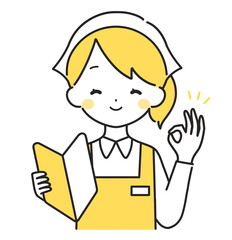 黄色｜初心者マークを持つ三角巾の女性店員｜エプロン