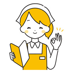 オレンジ色｜初心者マークを持つ三角巾の女性店員｜エプロン