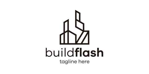 logo design combining the shape of a building with lightning, minimalist line logo design.