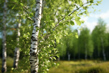 Obraz premium birch tree with green leaves on thin branch in natural garden background