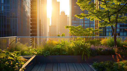 Folhagem vibrante cascata sobre a borda de um jardim moderno e elegante no telhado criando um contraste marcante contra o pano de fundo dos altos edifícios de aço e vidro da cidade