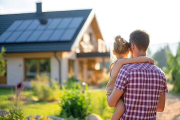 Rear view of dad holding her little girl in arms and showing at their house with installed solar panels. Alternative energy, saving resources and sustainable lifestyle concept