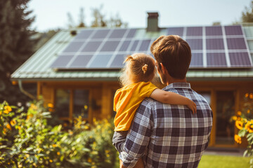 Rear view of dad holding her little girl in arms and showing at their house with installed solar panels. Alternative energy, saving resources and sustainable lifestyle concept
