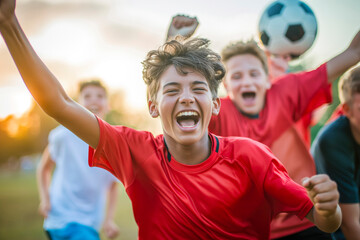 Teenage boys playing soccer, celebrating victory, teamwork, sports, competition, achievement, friendship and cheering