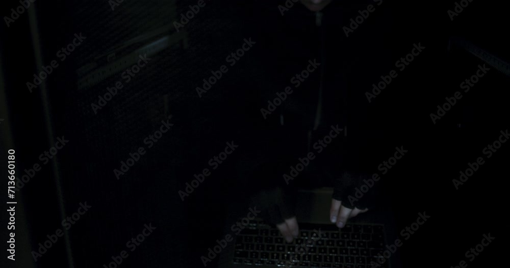 Aufkleber hands, laptop and hacker with cyber crime, person in dark for stealing info from server and phishing