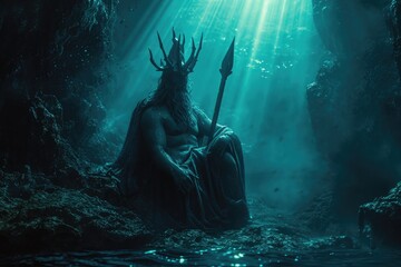 Lord of Shadows: A Cinematic Scene of Hades, the Greek God of the Underworld, in the Depths of his Domain, Dimly Lit by Ghostly Spirits and Trevas
