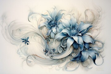 Elegant artistic depiction of abstract blue floral design using a pencil. Generative AI - obrazy, fototapety, plakaty