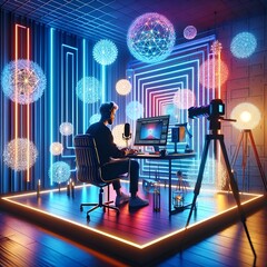 gamer in chair content creator streaming with neon lights and 3d lights