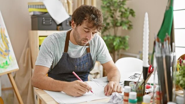 Stressed young man, an artist in the making, drawing in his notebook at art studio while looking at smartphone