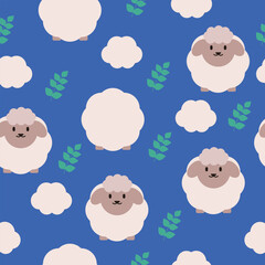Animals seamless pattern. Fluffy sheep, leaf. Cute vector illustration with blue background.