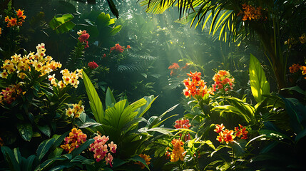 Fototapeta na wymiar Flores tropicais vibrantes caem sobre folhagem verde esmeralda criando um alvoroço de cores e textura A luz solar filtra-se através do dossel denso lançando sombras pontilhadas no chão da floresta