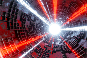 Flying into sci-fi tunnel with glowing neon light, loop motion graphic for technology concept, 3D rendering.