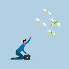 Fototapeta premium Losing money from business or bankruptcy, wrong investment or economic crisis, hopeless businessman watching his money flew away