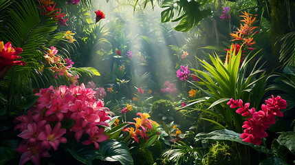 Flores tropicais vibrantes caem sobre folhagem verde esmeralda criando um alvoroço de cores e textura  A luz solar filtra-se através do dossel denso lançando sombras pontilhadas no chão da floresta - obrazy, fototapety, plakaty