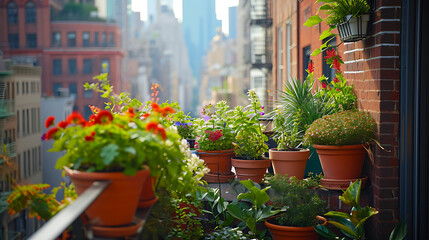 Fototapeta na wymiar Vasos de plantas coloridas e vivas enfeitam a borda de uma movimentada sacada da cidade adicionando uma explosão de beleza natural à paisagem urbana