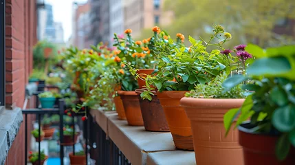 Fotobehang Vasos de plantas coloridas e vivas enfeitam a borda de uma movimentada sacada da cidade adicionando uma explosão de beleza natural à paisagem urbana © Alexandre