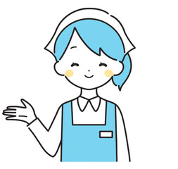 水色｜右手に案内する三角巾の女性店員｜エプロン
