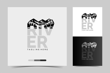 river logo vector with mountain and landscape design, isolate design, black and white, adventure logo