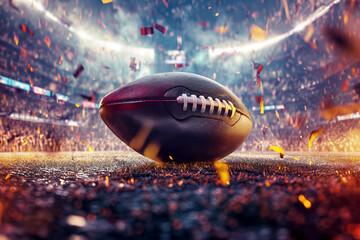 Super Bowl Nightfall. A glistening football lies amidst a field of confetti, basking in the radiant glow of stadium lights - obrazy, fototapety, plakaty