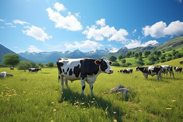 Fototapeta na wymiar Cows graze on a green meadow in summer