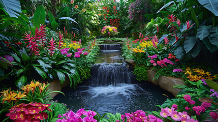 Flores e plantas exóticas e vívidas de todo o mundo são exibidas em um jardim botânico encantador - obrazy, fototapety, plakaty