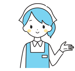 水色｜左手に案内する三角巾の女性店員｜エプロン