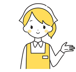 黄色｜左手に案内する三角巾の女性店員｜エプロン