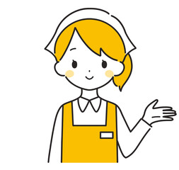 オレンジ色｜左手に案内する三角巾の女性店員｜エプロン