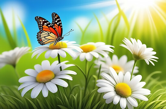Cute summer illustration of a summer meadow, a butterfly sitting on a daisy flower, sunlight on a blue sky background, close-up
