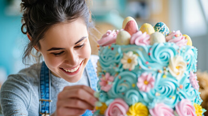 Fototapeta na wymiar Pastel Petals, An Artistic Woman Transforms a Cake Into a Floral Masterpiece