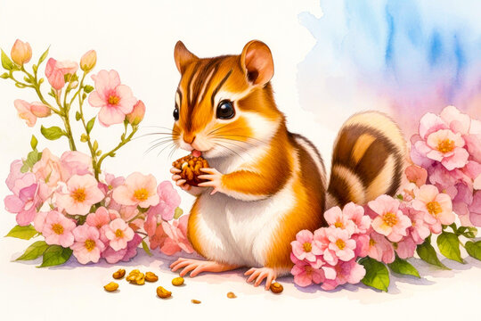 Small cute squirrel eating nut on white background. Watercolor painting style, Squirrel holding a nut