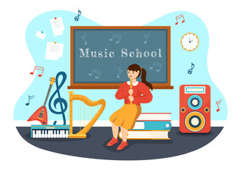 Music School Vector Illustration with Playing Various Musical Instruments, Learning Education Musicians and Singers in Flat Kids Cartoon Background