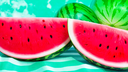 Red ripe Watermelon whole and slices on blue background. Background of beautiful fresh Watermelon. Summer concept