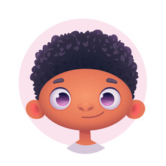 Happy smiling young African, curly, American boy. Character avatar vector illustration. 
