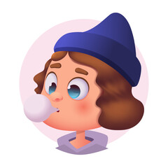 Happy surprised young girl character with bubble gum. Avatar character illustration.