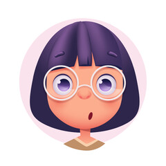 Happy surprised young girl character in glasses. Avatar character illustration.